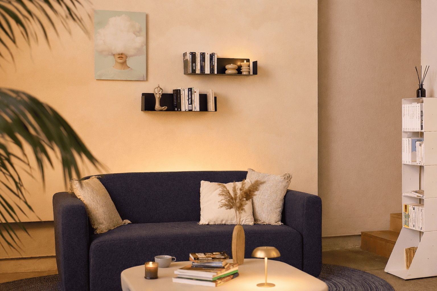 Étagère murale colorée noir industriel en métal, créant un contraste graphique sur un mur clair dans un salon moderne