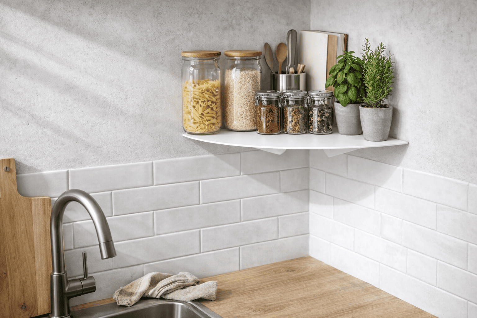 Étagère d’angle en cuisine intégrée dans un intérieur chaleureux, idéale pour organiser les essentiels sans encombrer l’espace.