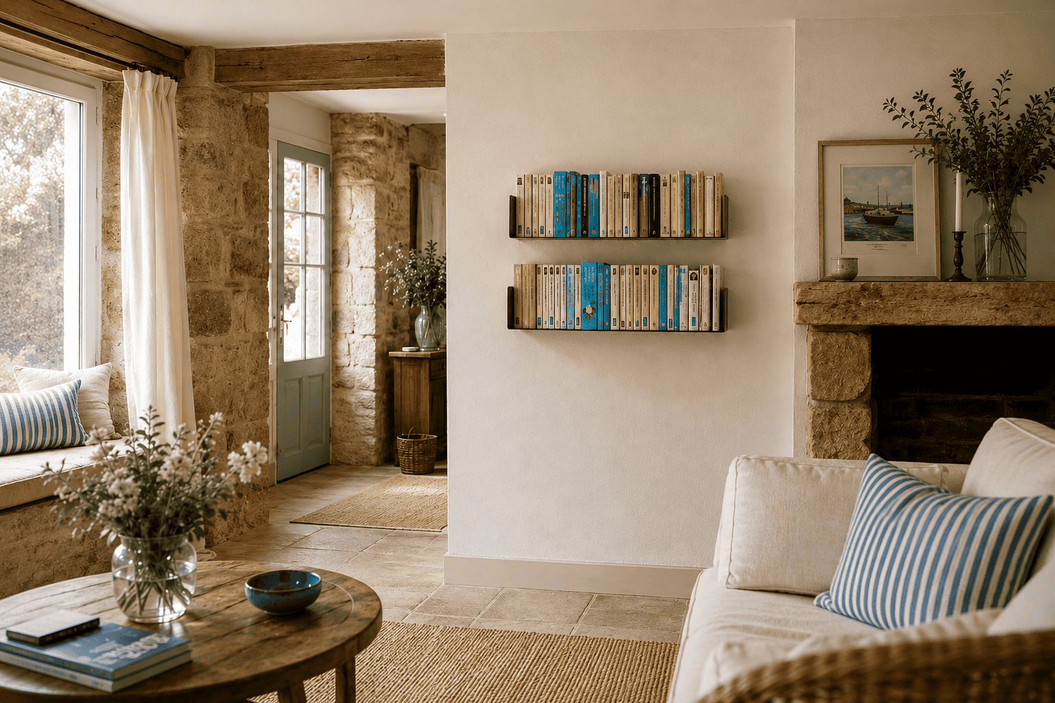 Étagères murales design en acier avec livres, installées dans un salon chaleureux au style campagne chic