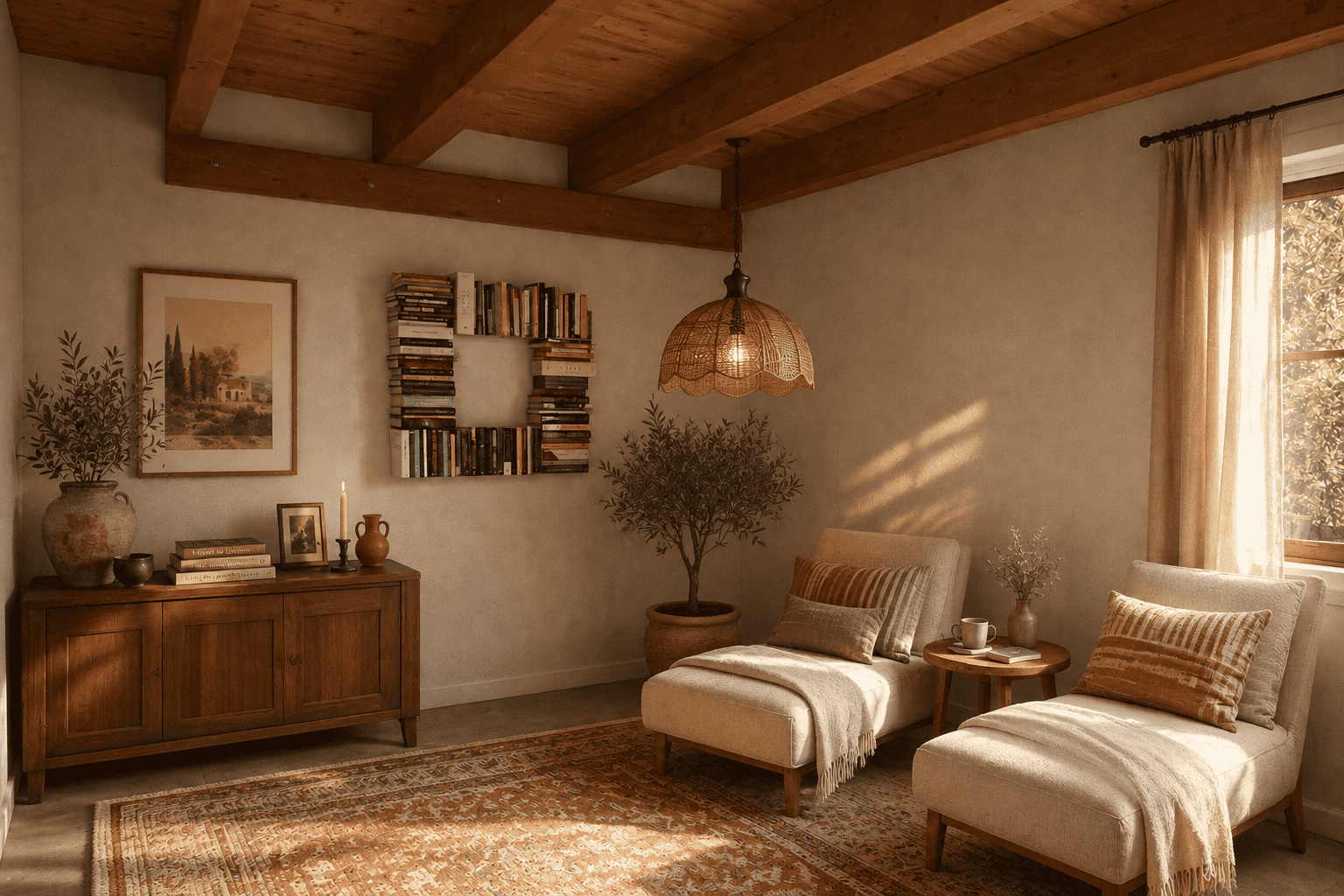 Étagère à fixation invisible en composition murale dans un salon chaleureux avec poutres en bois, livres décoratifs et ambiance méditerranéenne.