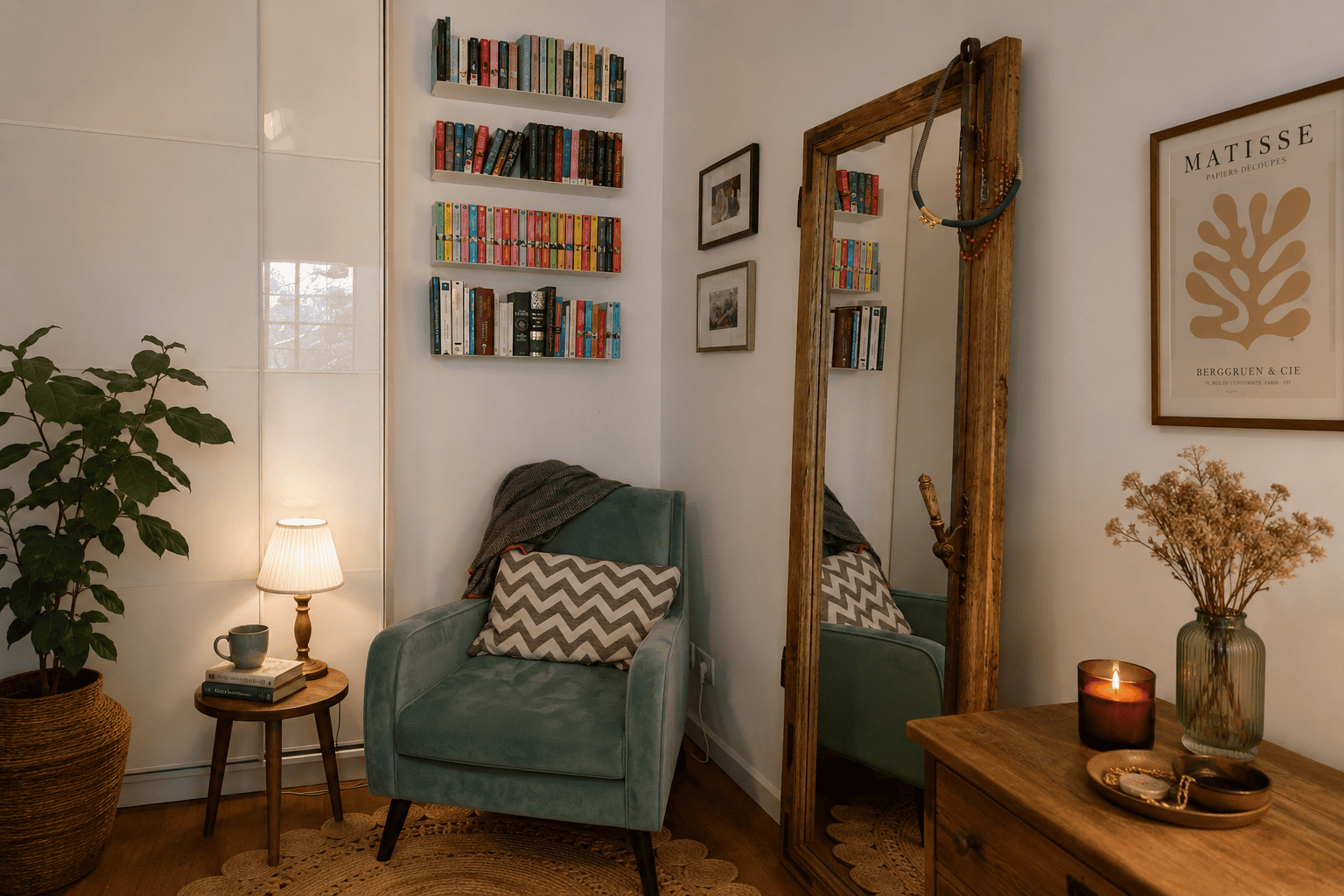 Étagères à fixation invisible blanches dans un coin lecture cosy avec fauteuil bleu, miroir en bois et décoration chaleureuse.