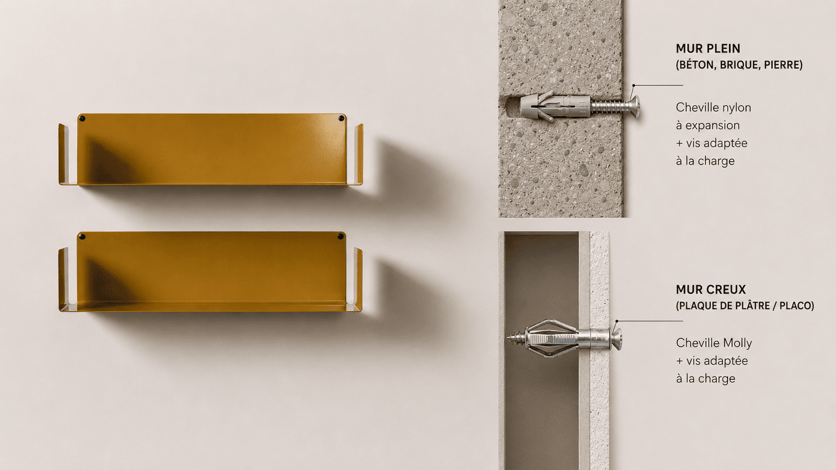 Étagère à fixation invisible avec exemple de chevilles adaptées selon le type de mur