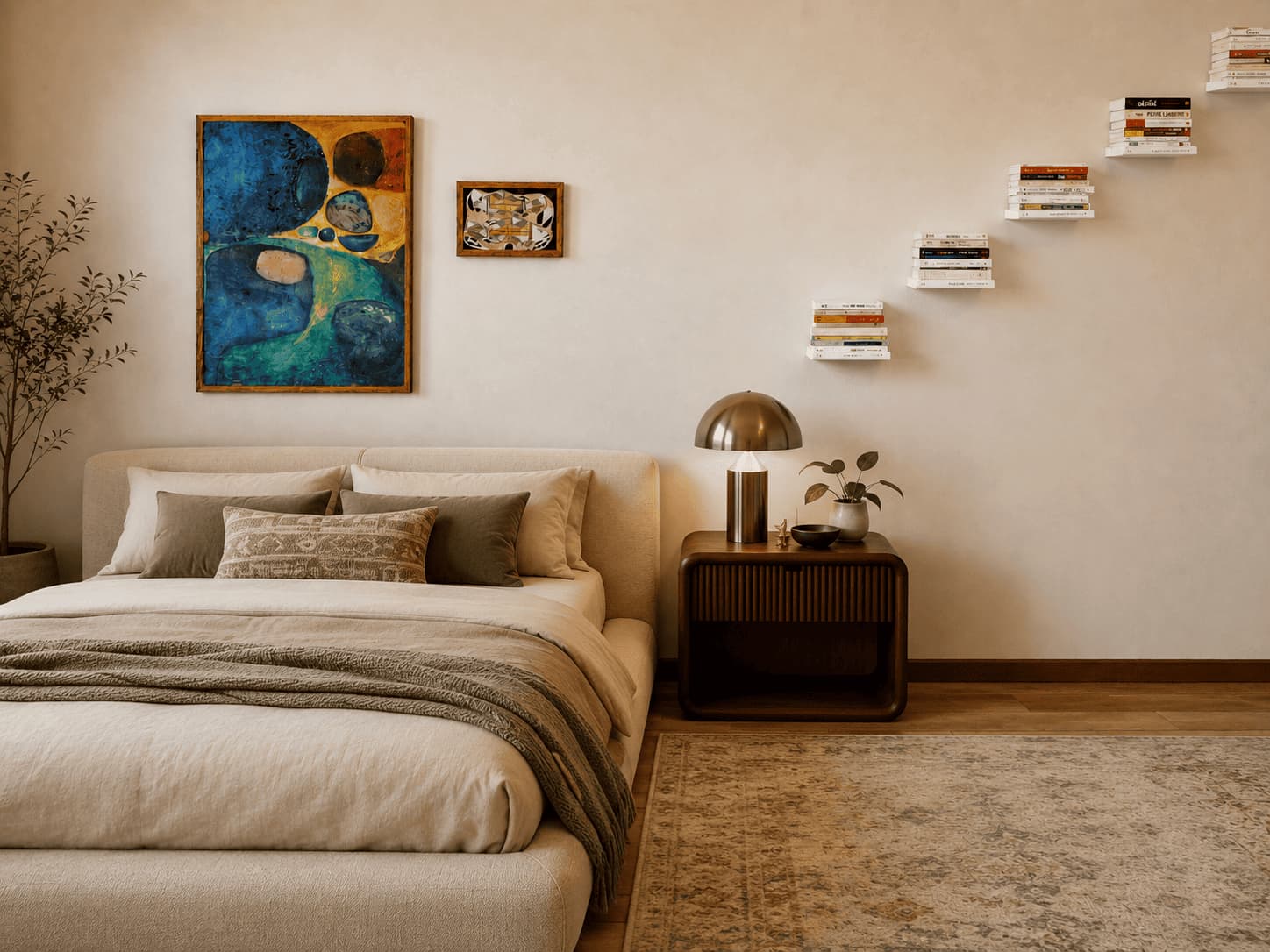 Étagères murales à fixation invisible au design minimaliste avec livres et objets décoratifs