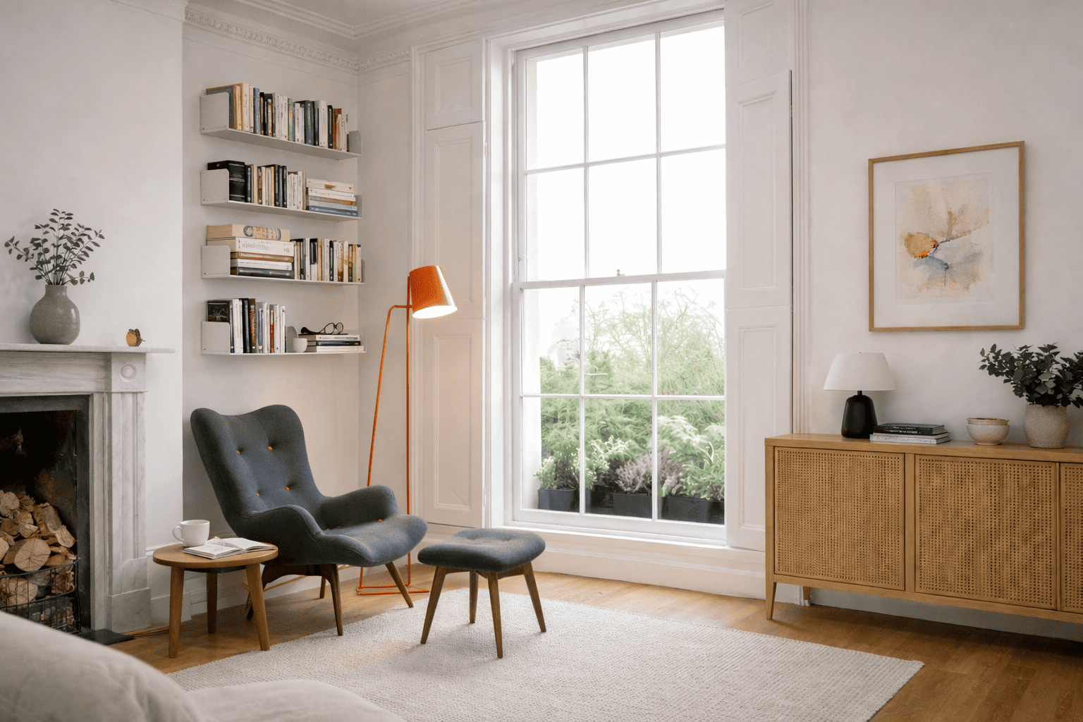 Étagères à fixation invisible blanches dans un salon lumineux avec fauteuil gris, lampadaire orange et grande fenêtre au style contemporain.