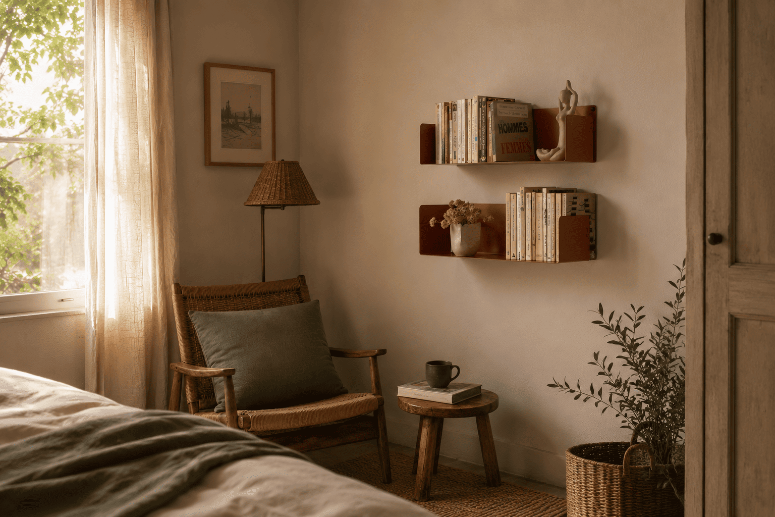 Deux étagères murales flottantes couleur terracotta présentent des livres et objets décoratifs au-dessus d’un fauteuil en rotin dans un coin lecture chaleureux.