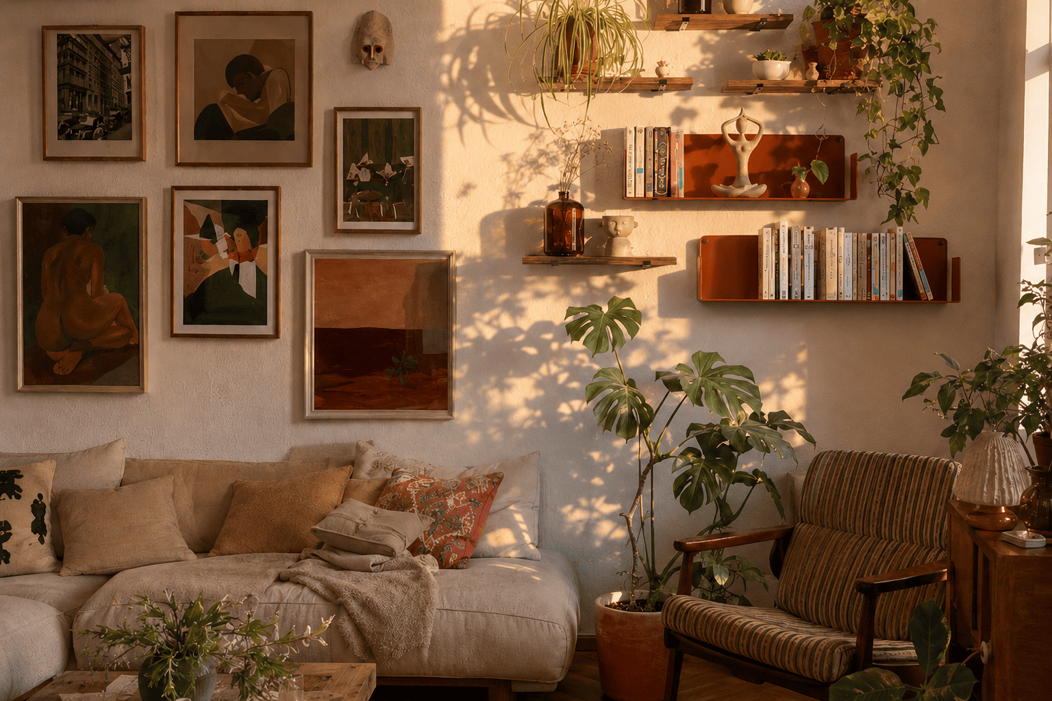 Étagères flottantes couleur cuivre terracotta dans un salon chaleureux avec livres, plantes vertes et mur décoré de cadres