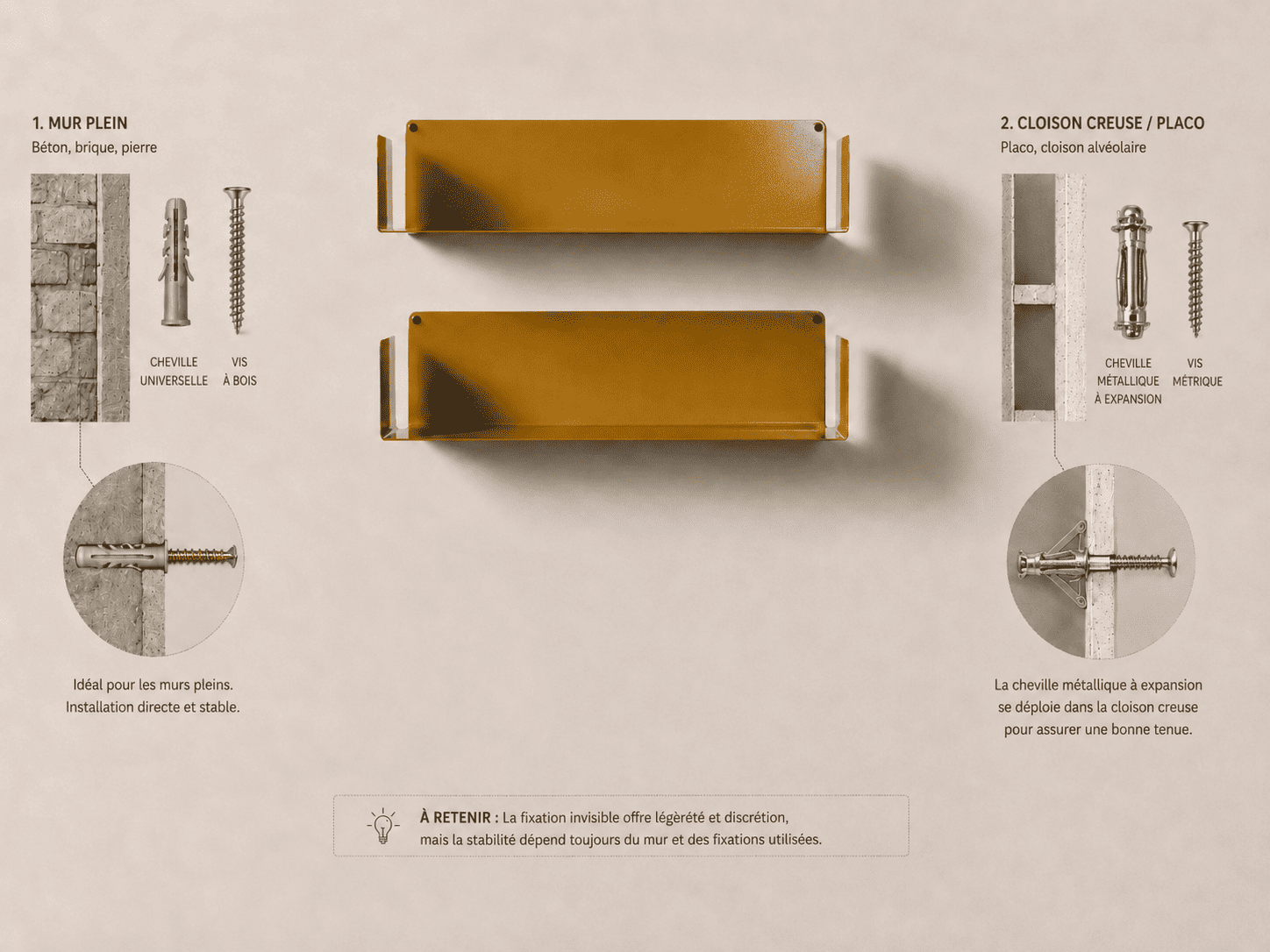Infographie expliquant les fixations adaptées pour installer une étagère flottante sur mur plein ou cloison creuse en placo, avec chevilles, vis et schémas de pose.