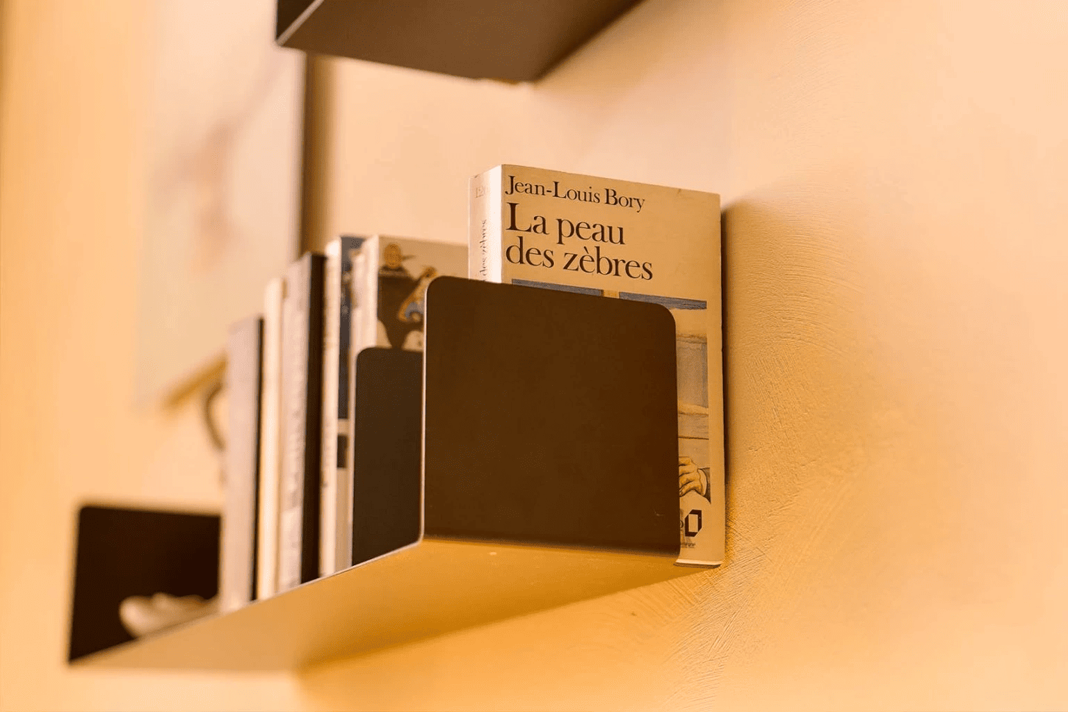 Étagère flottante noire en acier fixée au mur, utilisée comme bibliothèque murale design avec des livres