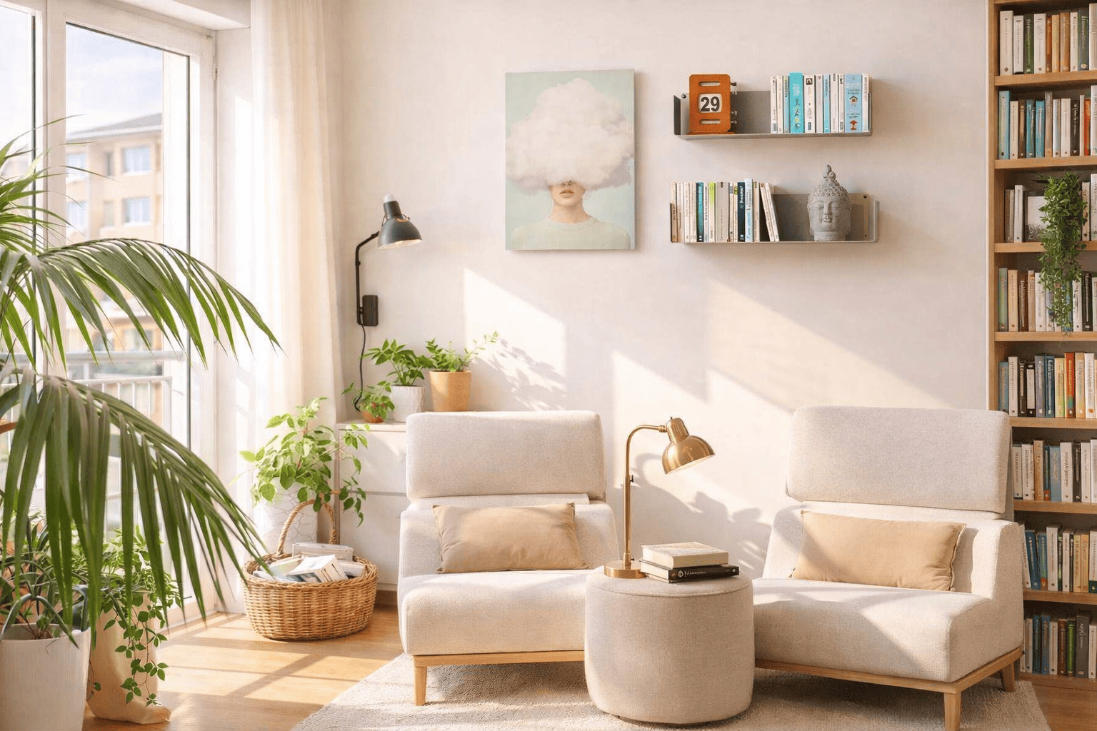 Étagères flottantes grises dans un salon lumineux avec livres, fauteuils beige et plantes vertes