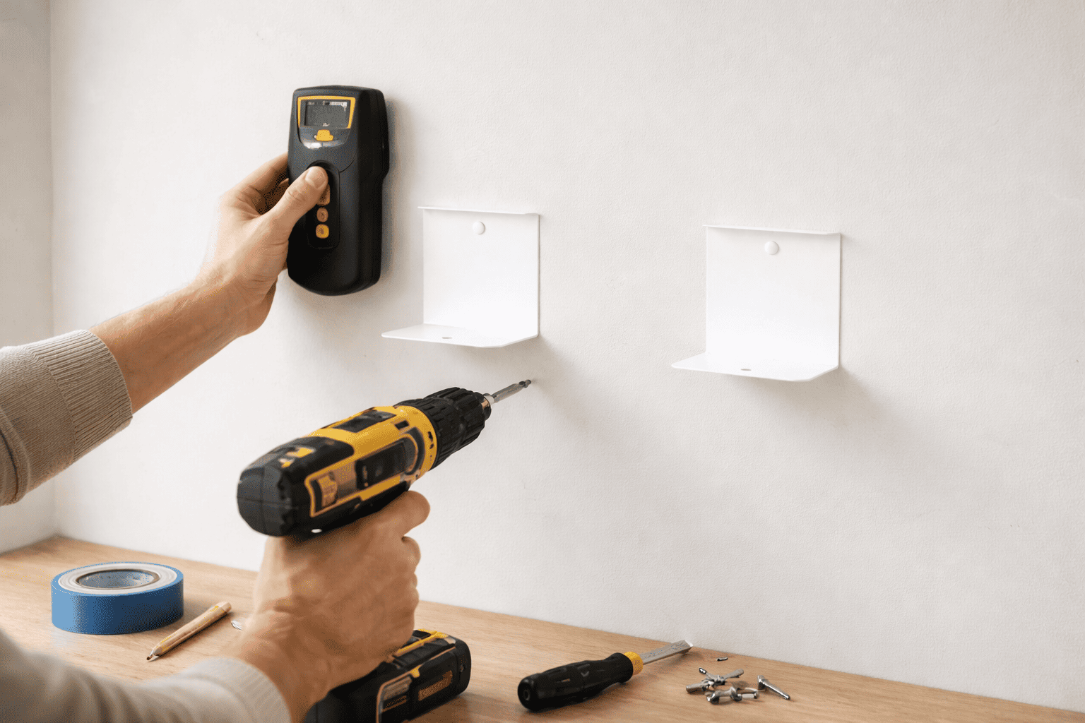 Installation d’une étagère flottante sur un mur blanc avec détection des montants avant perçage, outils de bricolage posés sur un établi dans un environnement propre et contemporain.