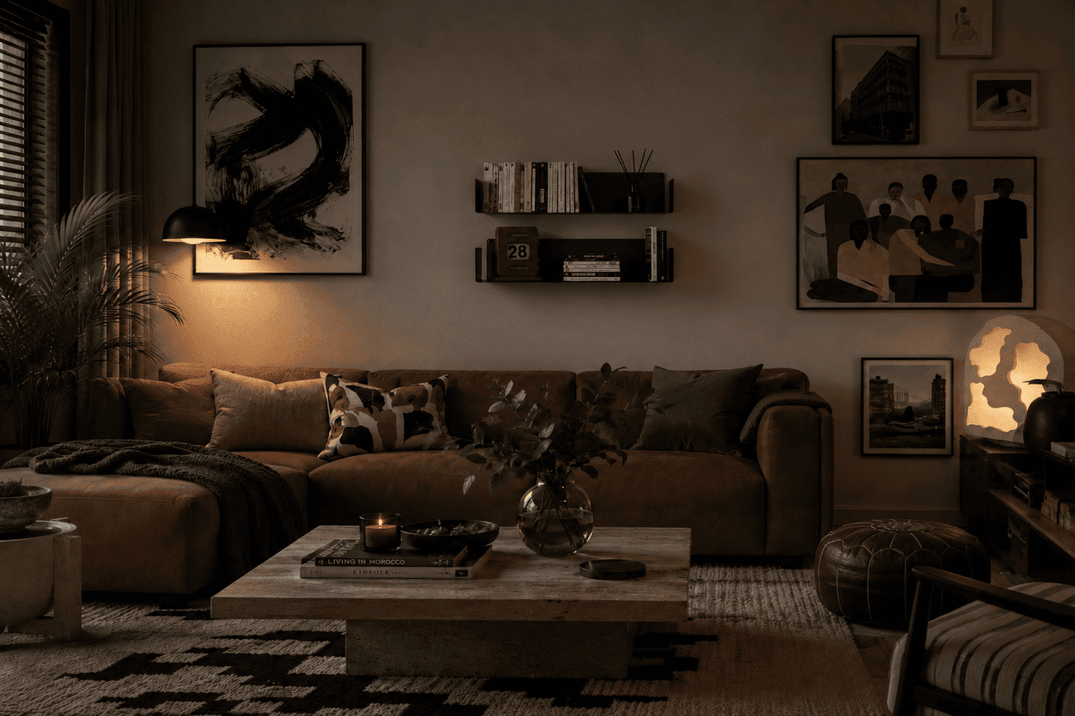 Étagères flottantes noires dans un salon industriel cosy avec canapé brun, livres et décoration murale chaleureuse