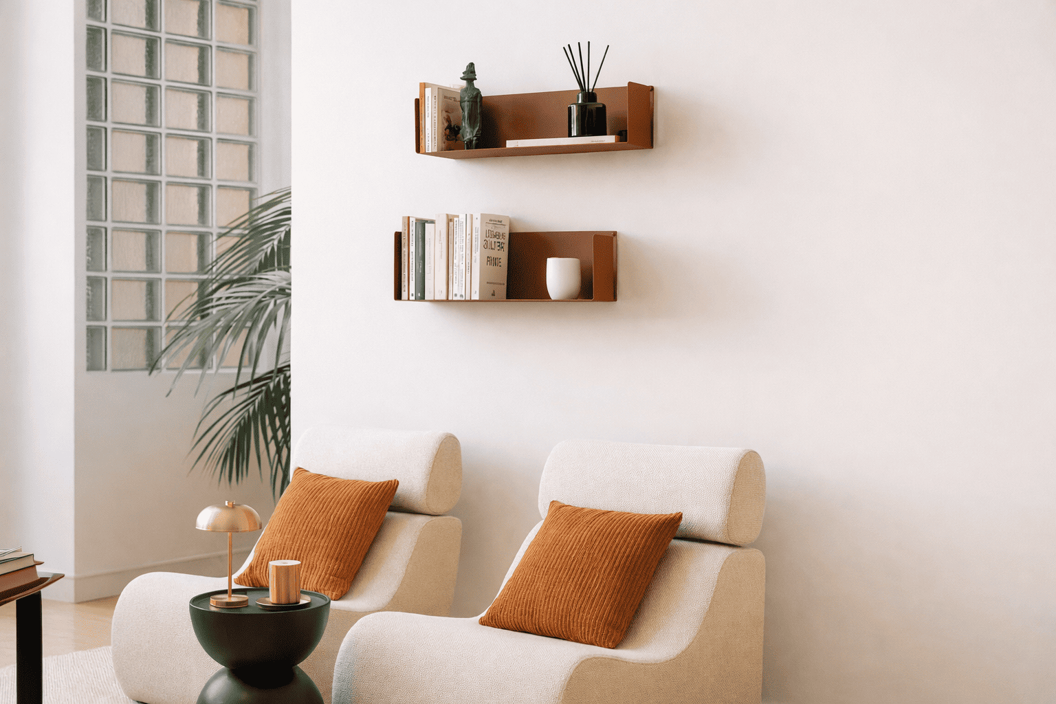 Étagère flottante couleur rouille décorée avec livres et objets pour créer une composition murale en profondeur