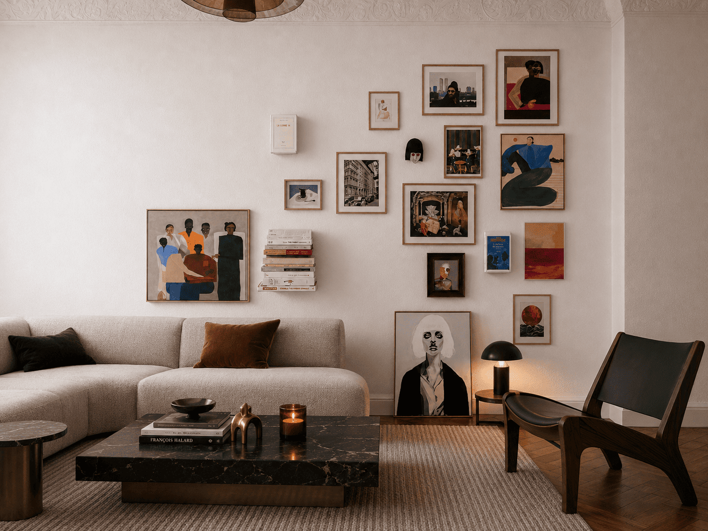 Salon contemporain avec canapé clair, mur de cadres et petite étagère flottante blanche portant des livres sans équerres visibles.