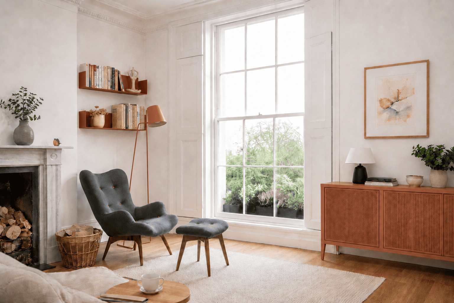 Étagères flottantes terracotta TEEbooks installées dans un salon lumineux avec livres, fauteuil gris et décoration chaleureuse