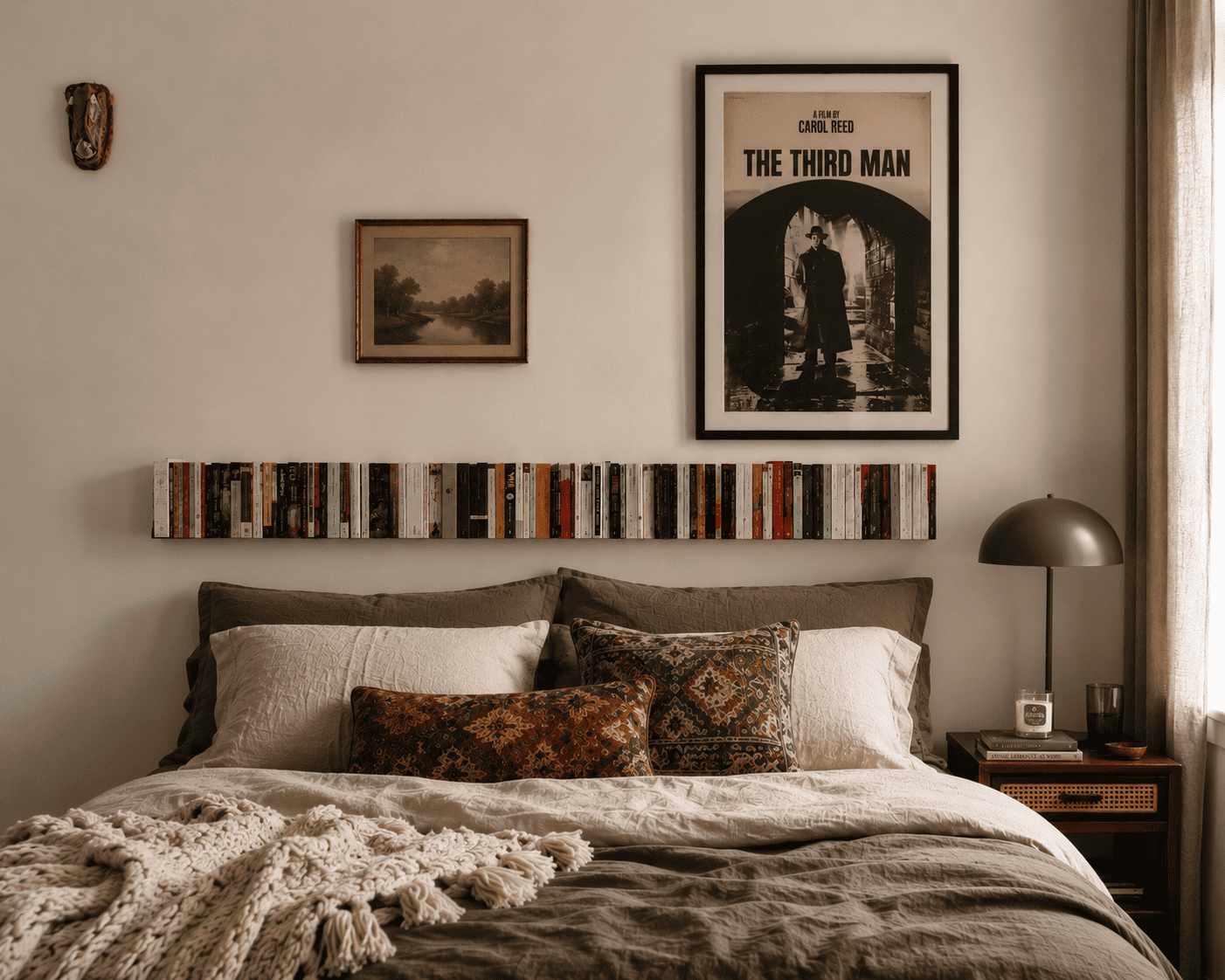 Étagère livre invisible au-dessus d'un lit avec livres flottants dans une chambre moderne.