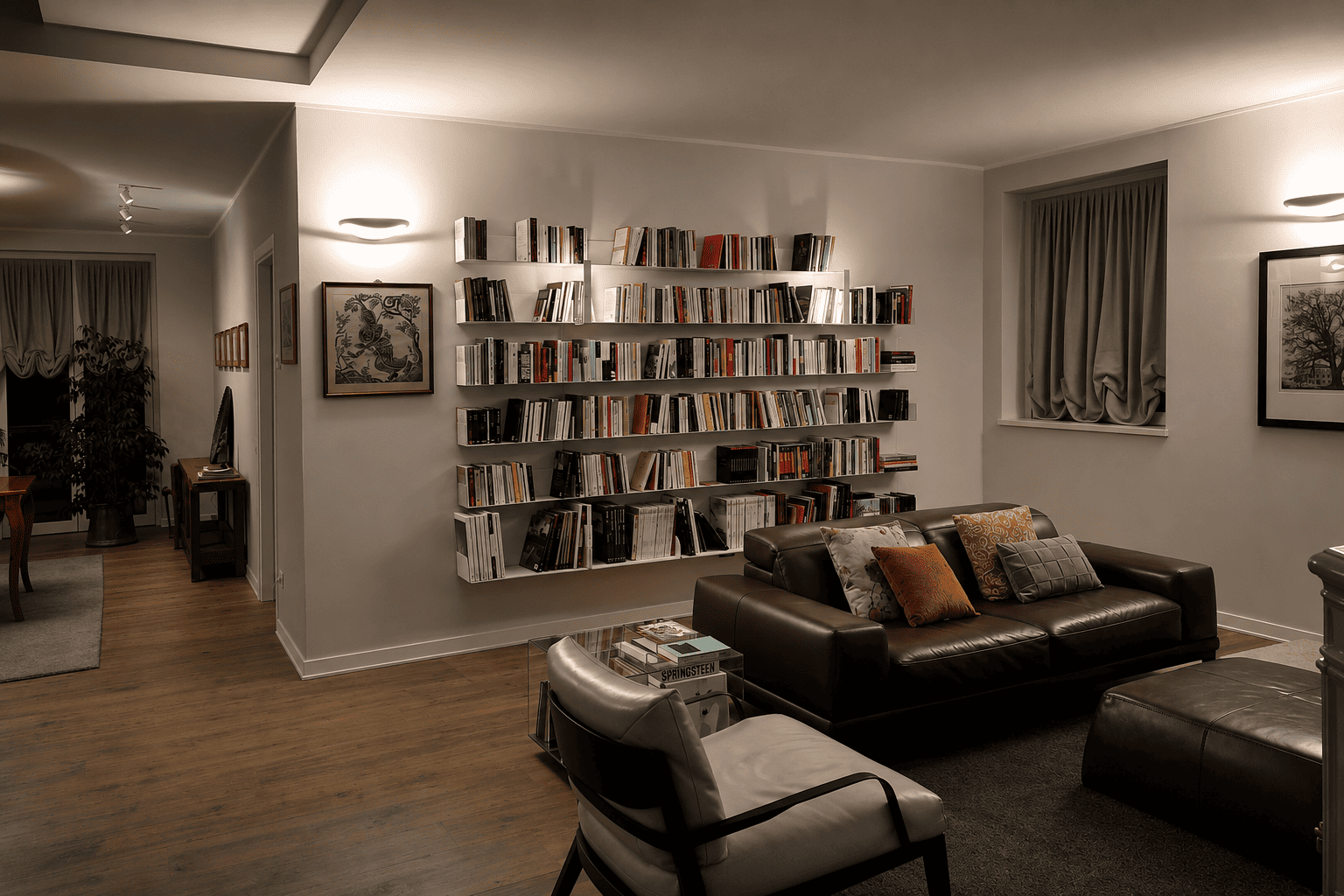 Bibliothèque murale composée de plusieurs étagères livre invisible dans un salon contemporain.