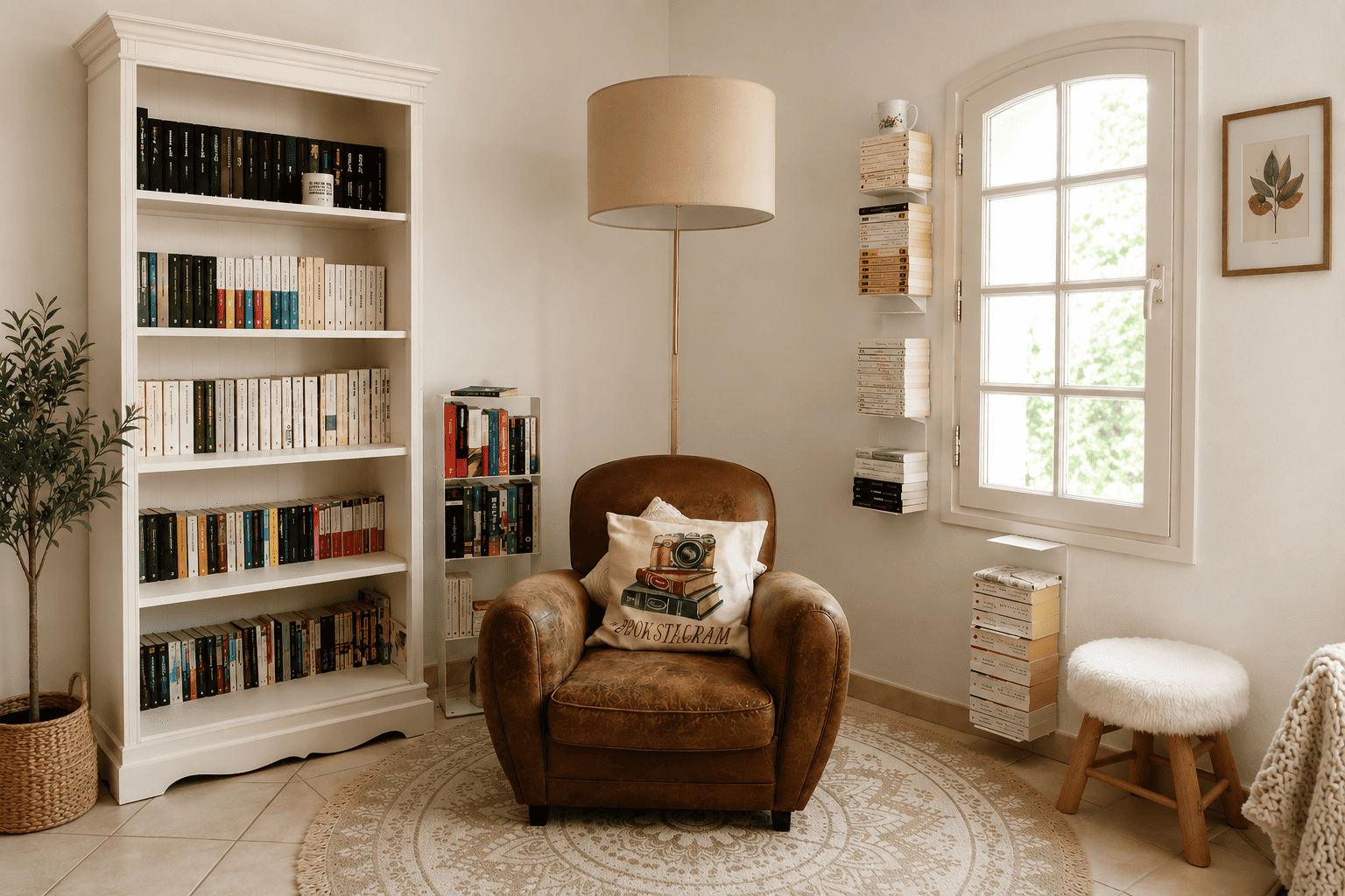 Coin lecture minimaliste avec étagère livre invisible et bibliothèque blanche.