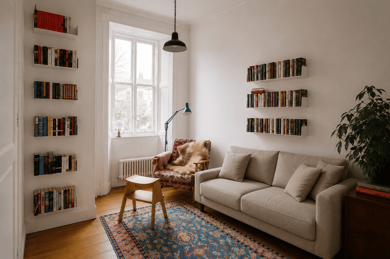 Coin lecture chaleureux décoré avec une étagère livre invisible et des livres flottants.