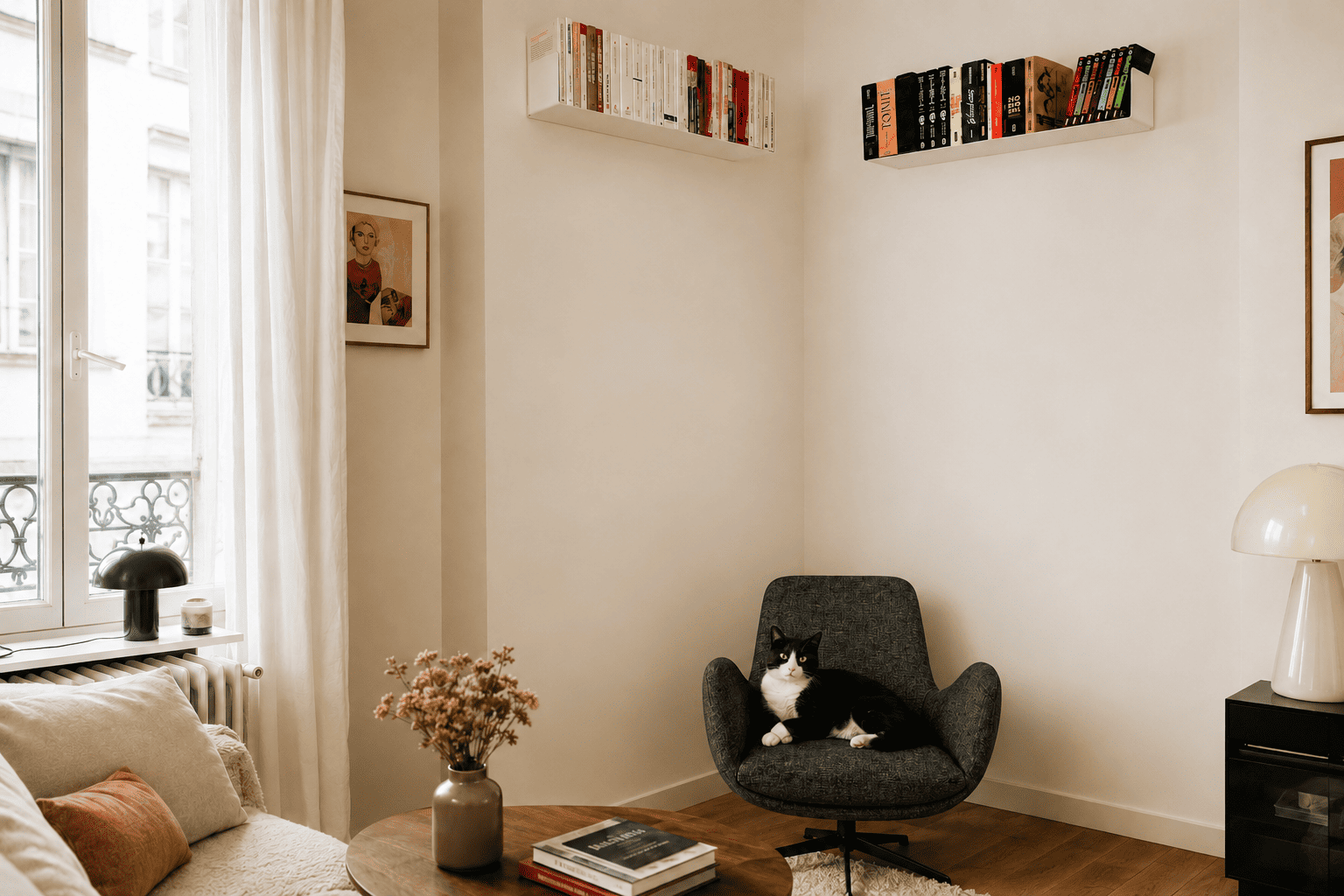 Étagère livre invisible installée en hauteur dans un coin lecture lumineux.