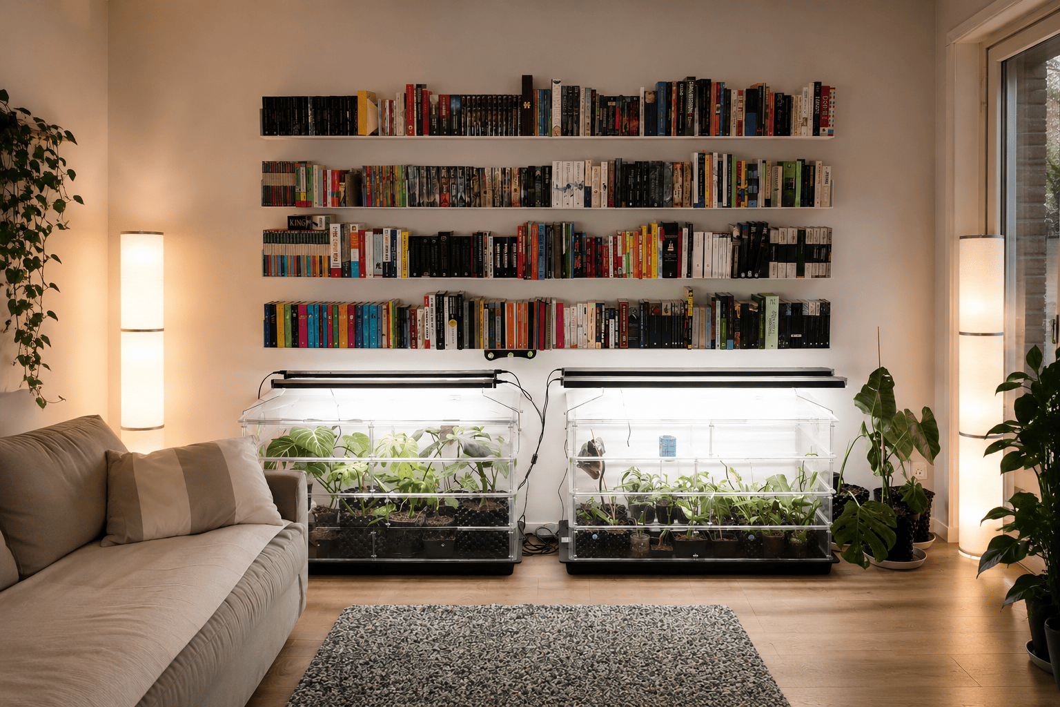 Mur bibliothèque avec plusieurs étagères livre invisible dans un salon moderne.