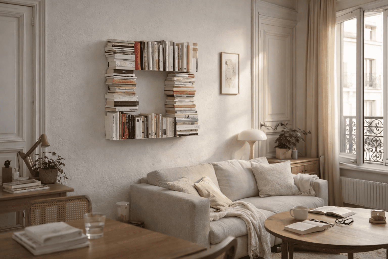 Salon parisien baigné de lumière naturelle, aux murs minéraux et mobilier en bois, structuré par une étagère métallique design remplie de livres.