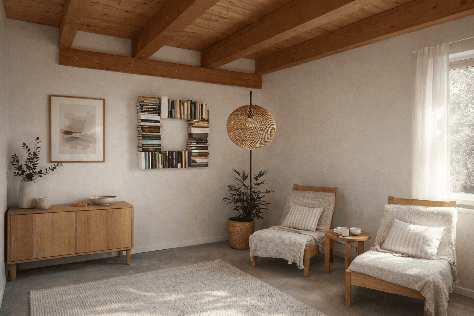 Étagère à livres murale dans un intérieur moderne et chaleureux, associée à des plantes et un meuble bas pour une ambiance calme et équilibrée.