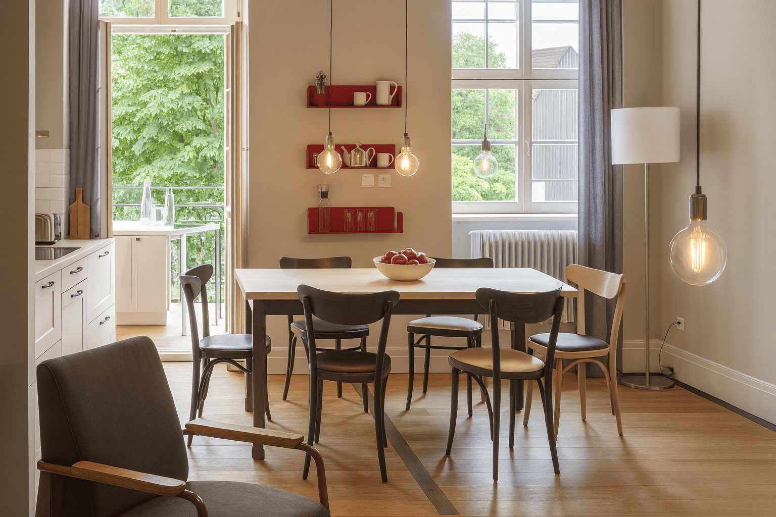 Habiller un mur de cuisine avec des étagères murales discrètes et des luminaires suspendus au-dessus d’un espace repas