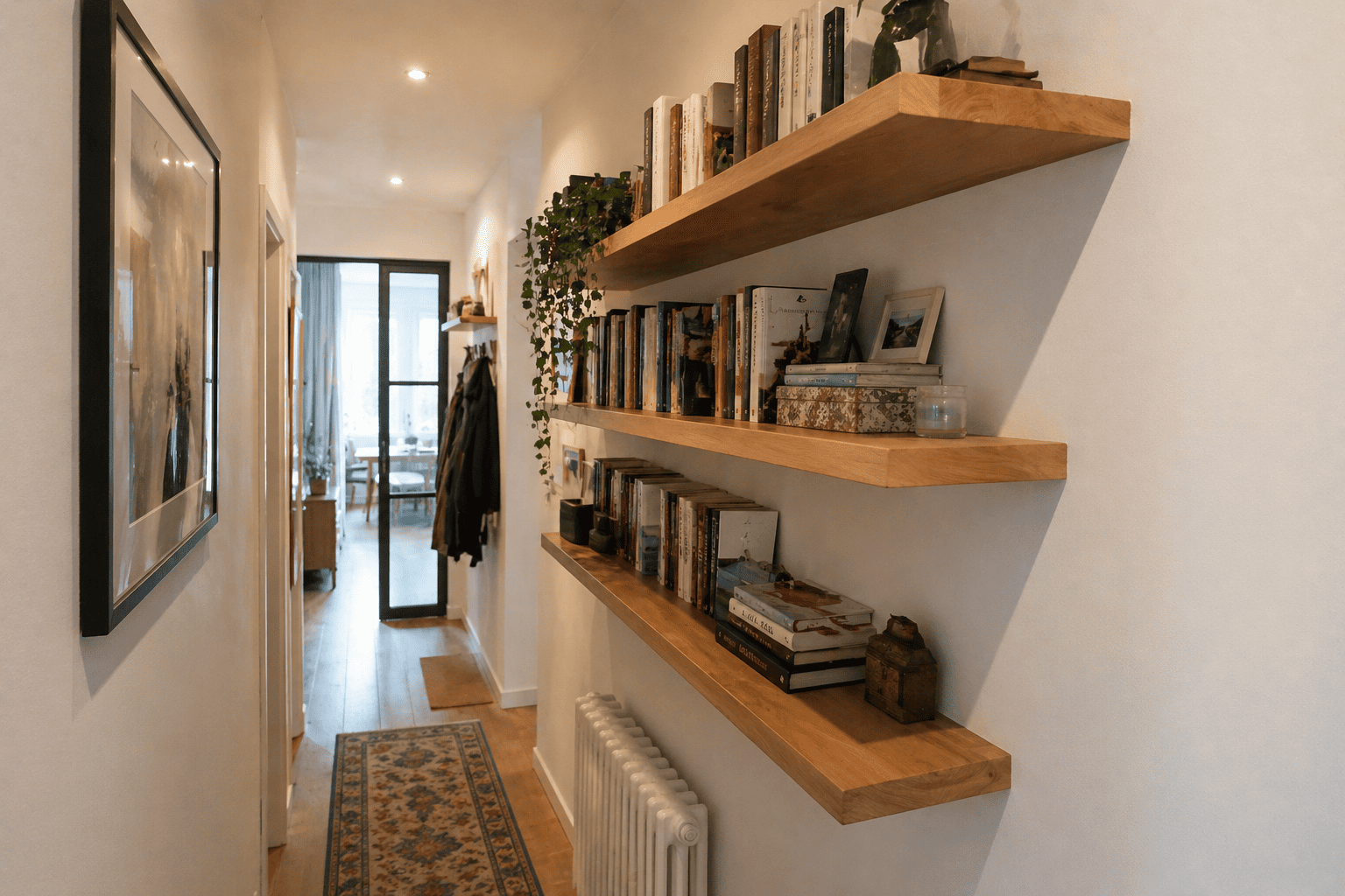 Étagère murale en bois massif avec livres et objets décoratifs dans un couloir moderne et chaleureux