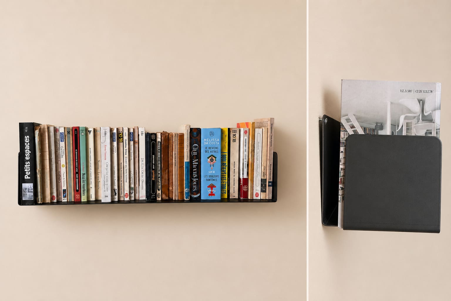 Étagère murale chargée de livres vue de face et de profil pour vérifier l’effet de la charge