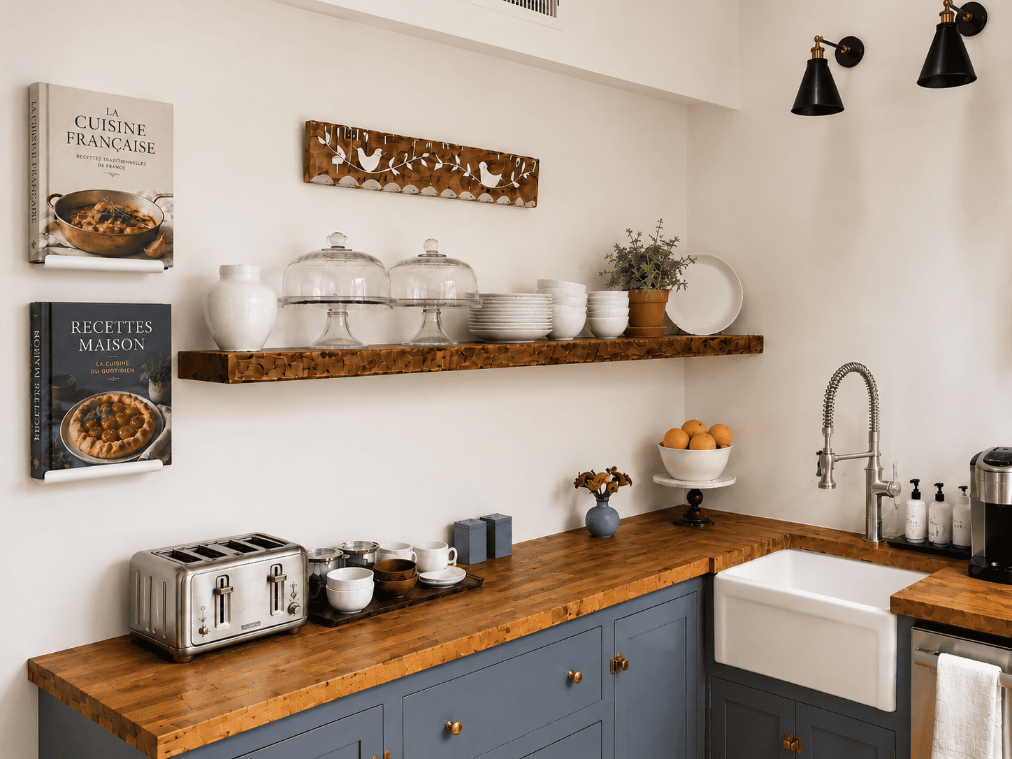 Cuisine lumineuse avec plan de travail en bois, étagère ouverte pour la vaisselle et étagères murales blanches pour livres de cuisine sans supports visibles.