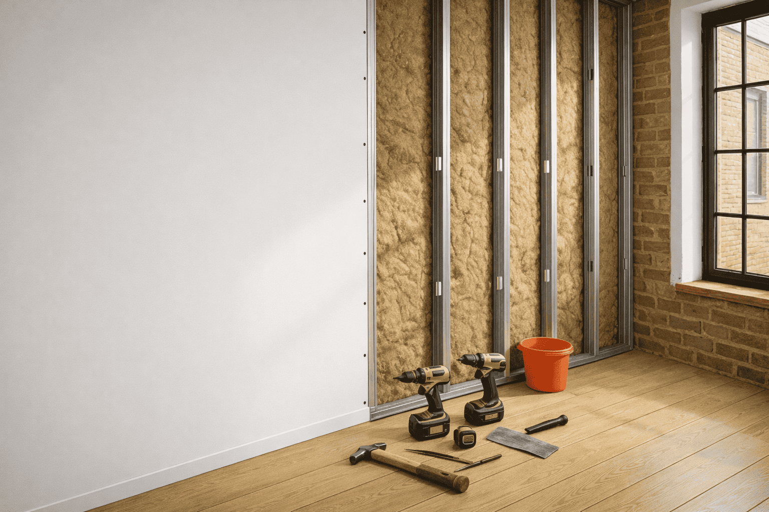 Mur en placo avec ossature métallique et isolant apparent illustrant la fixation d’une étagère murale.