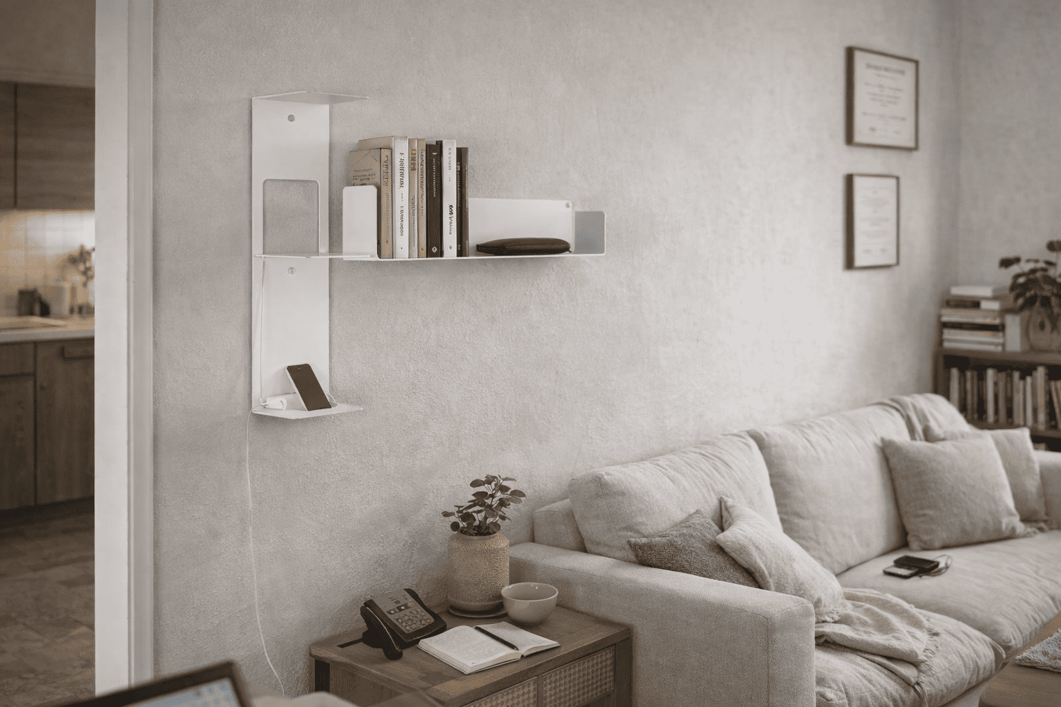 Étagère murale flottante blanche dans un salon contemporain pour ranger livres et objets du quotidien avec élégance