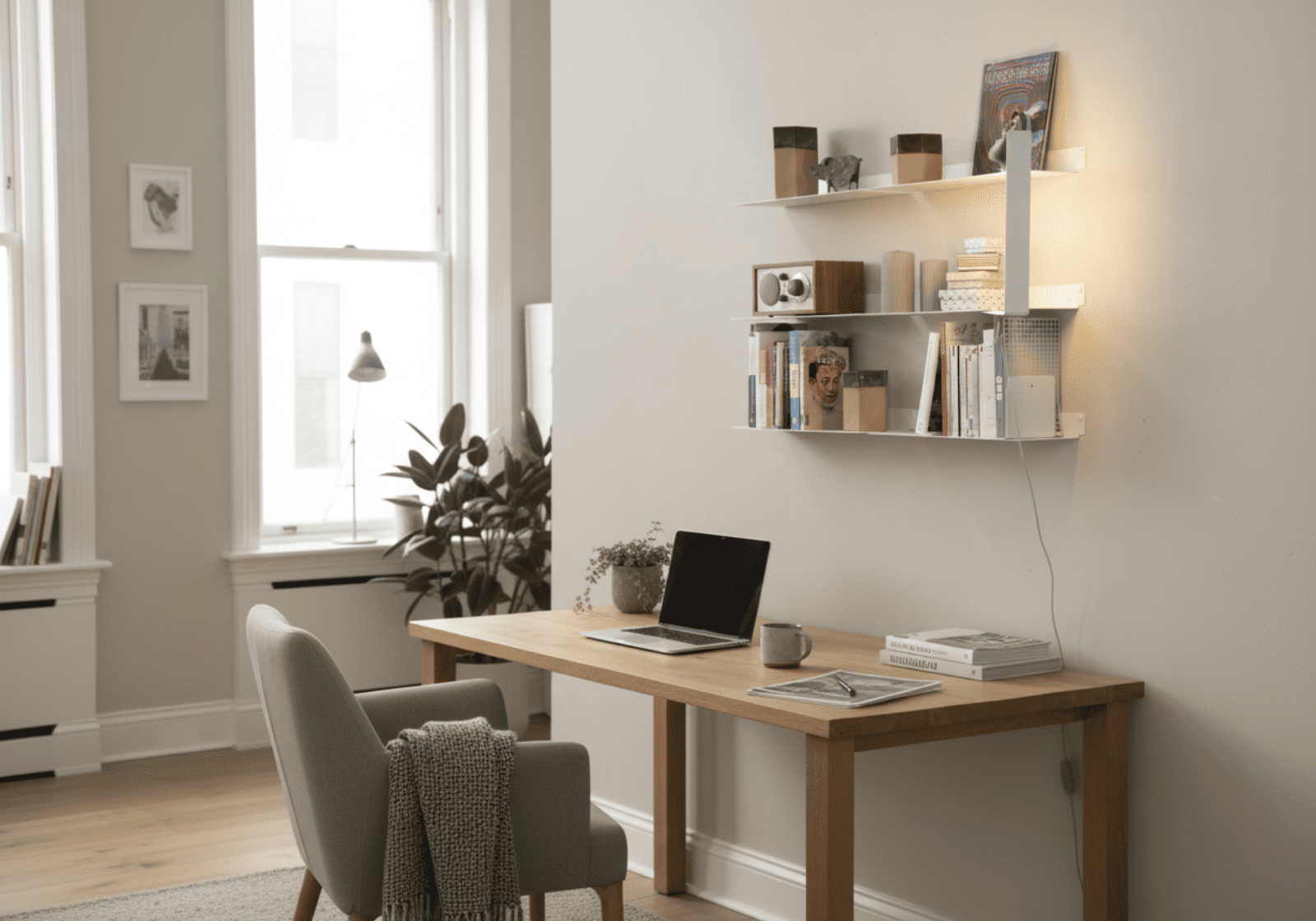 Étagères flottantes blanches installées au-dessus d’un bureau en bois, avec livres, objets décoratifs et éclairage doux dans un espace de travail lumineux aux tons neutres.