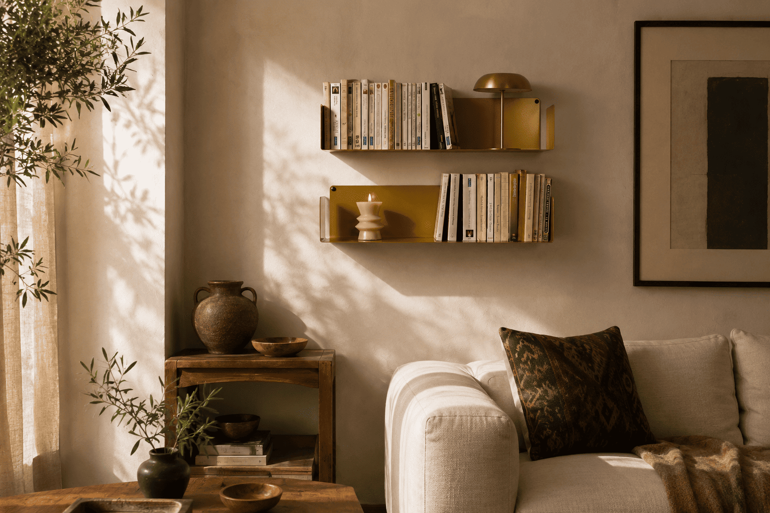 Étagères flottantes or antique dans un salon chaleureux avec livres, lampe design et décoration naturelle