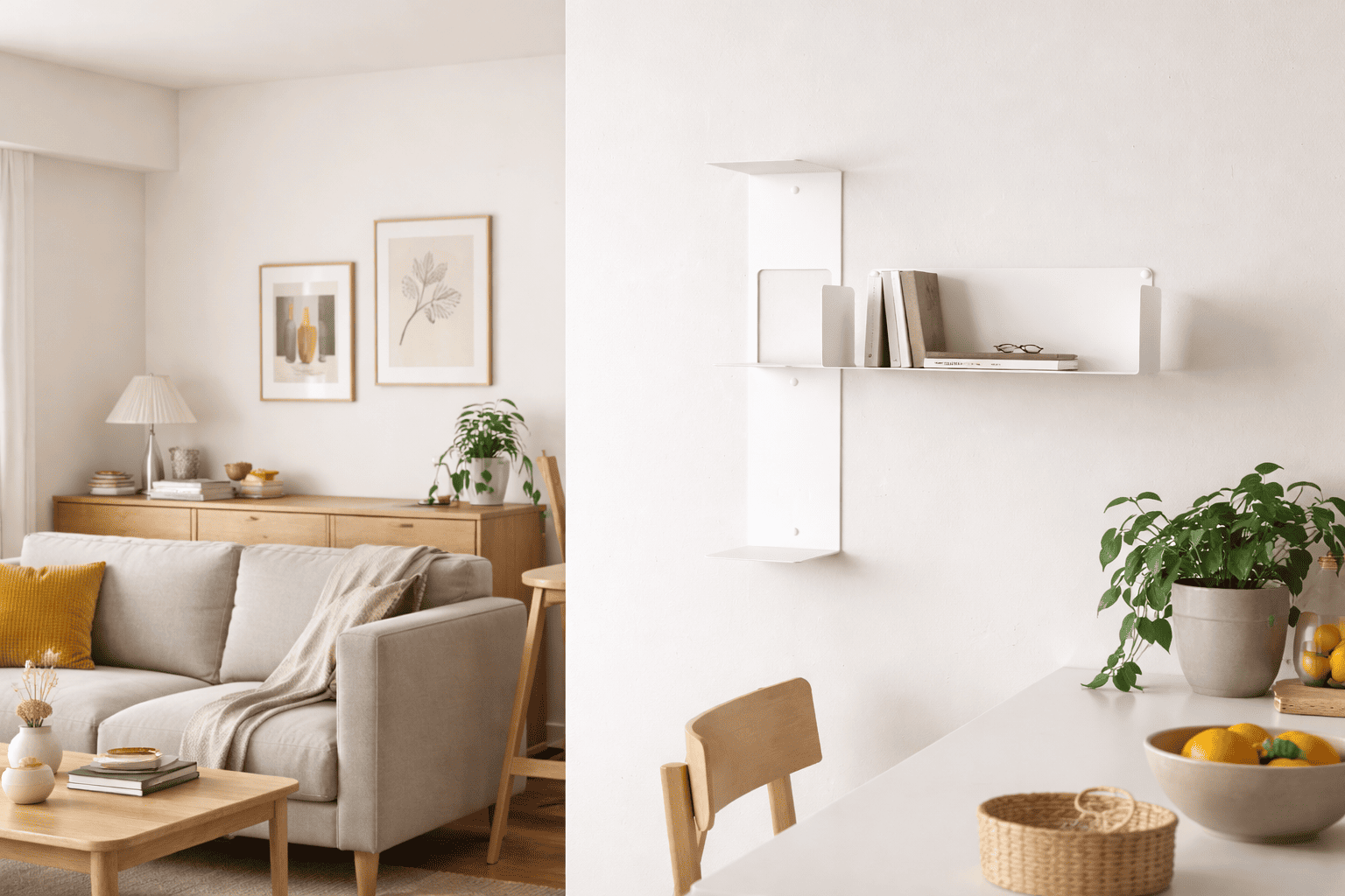 Salon lumineux et épuré avec canapé beige et mobilier en bois clair, mettant en valeur une étagère murale en métal blanche intégrée discrètement au mur.