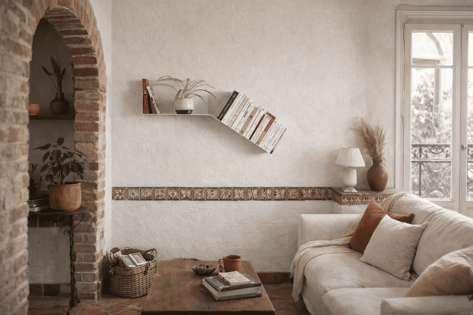 Intérieur chaleureux de style méditerranéen avec mur texturé, arche en brique et étagère en métal accueillant des livres dans un salon calme et authentique.