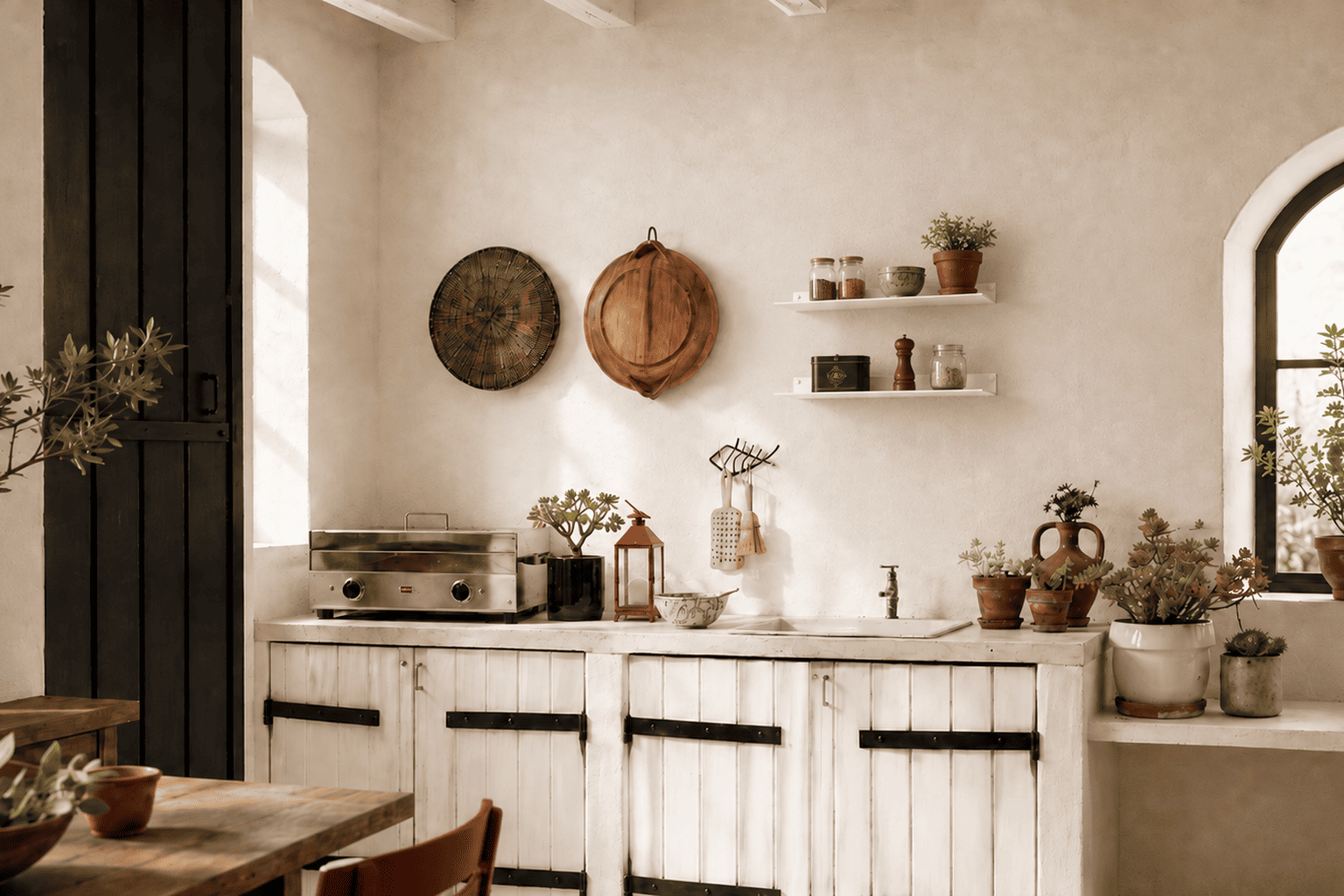 Étagères murales sans équerre blanches dans une cuisine méditerranéenne, décorées avec des pots, bocaux et petites plantes.