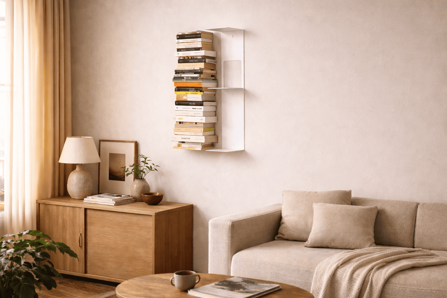 Étagère murale blanche verticale en acier, fixée au mur du salon pour ranger une pile de livres de manière graphique.