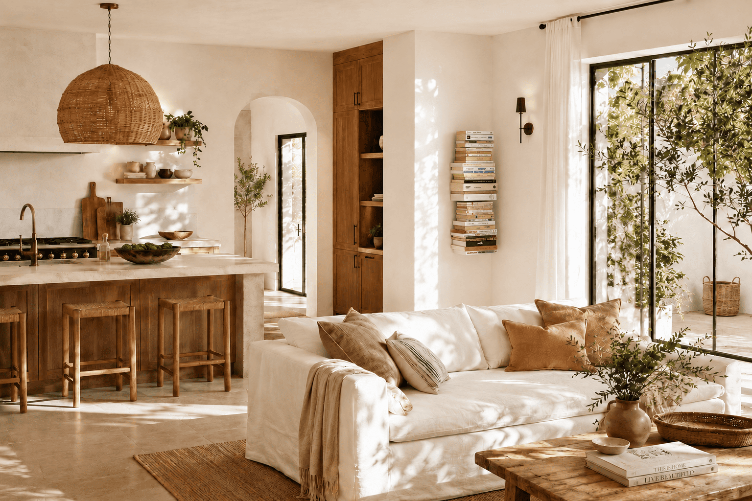 Étagère murale sans équerre verticale remplie de livres, installée près d’un canapé blanc dans un salon lumineux aux tons naturels.