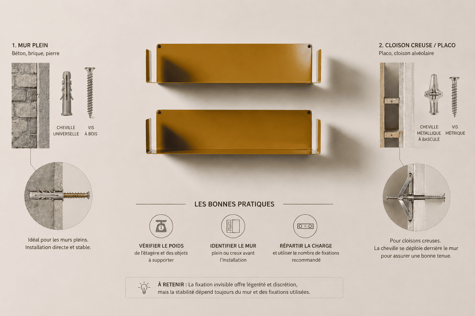 Schéma de pose pour étagères avec équerre invisible en métal or antique, montrant les fixations recommandées pour mur plein et cloison creuse, avec conseils pour vérifier le poids, identifier le mur et répartir la charge.