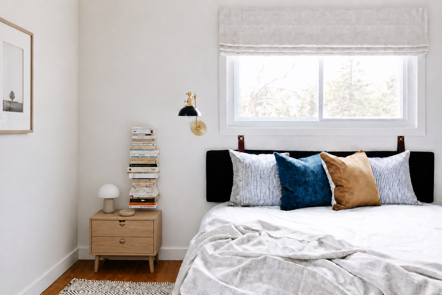 Étagère verticale placée juste au-dessus d’une table de chevet, accueillant une pile de livres à portée de main dans une chambre lumineuse et minimaliste