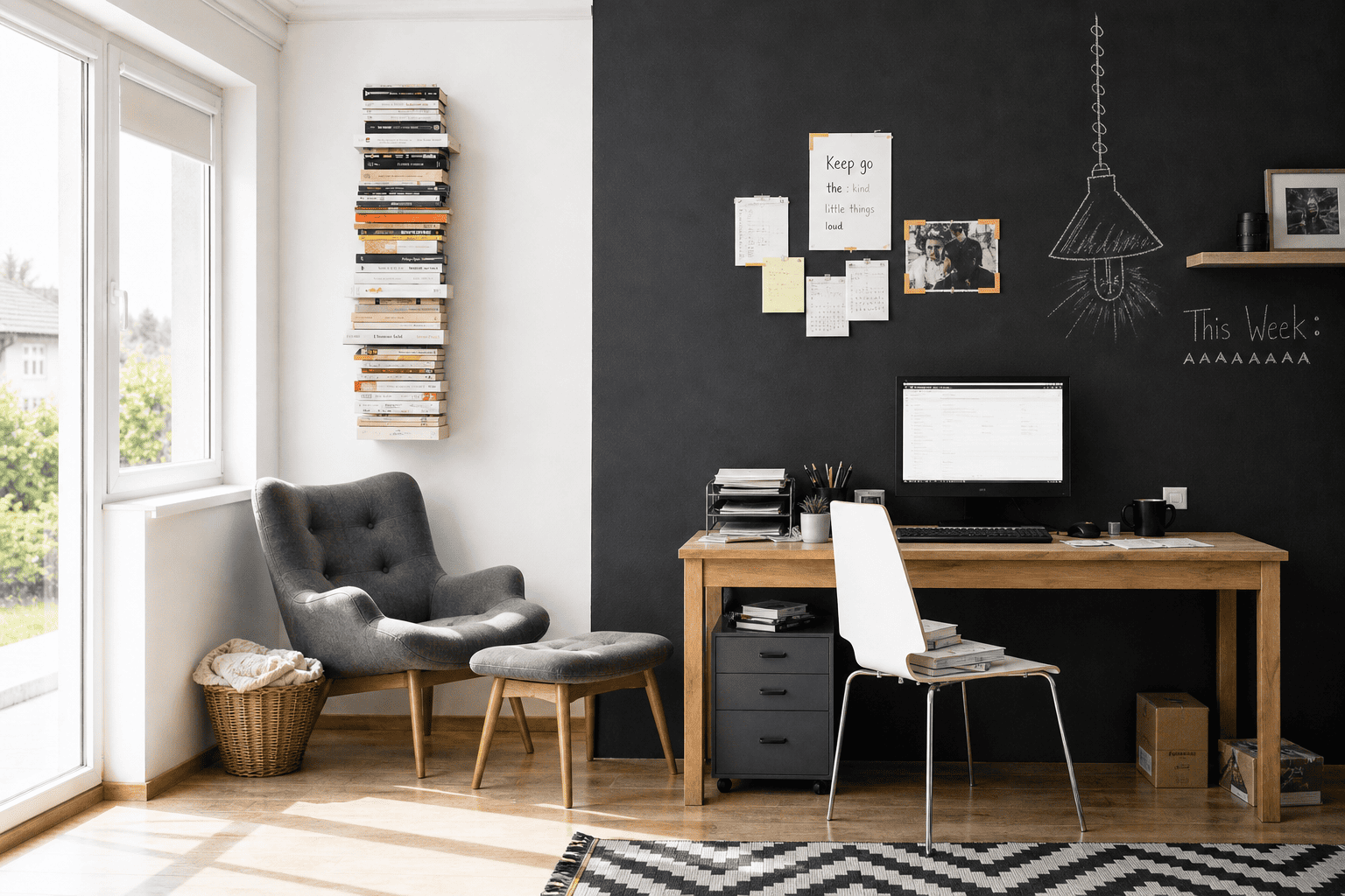 Étagère verticale installée dans un coin lecture avec fauteuil et lumière naturelle, mettant en valeur une colonne de livres suspendus