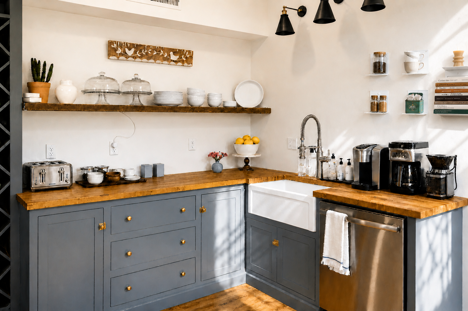 Étagères verticales dans une cuisine moderne servant de rangement mural pour livres et objets décoratifs