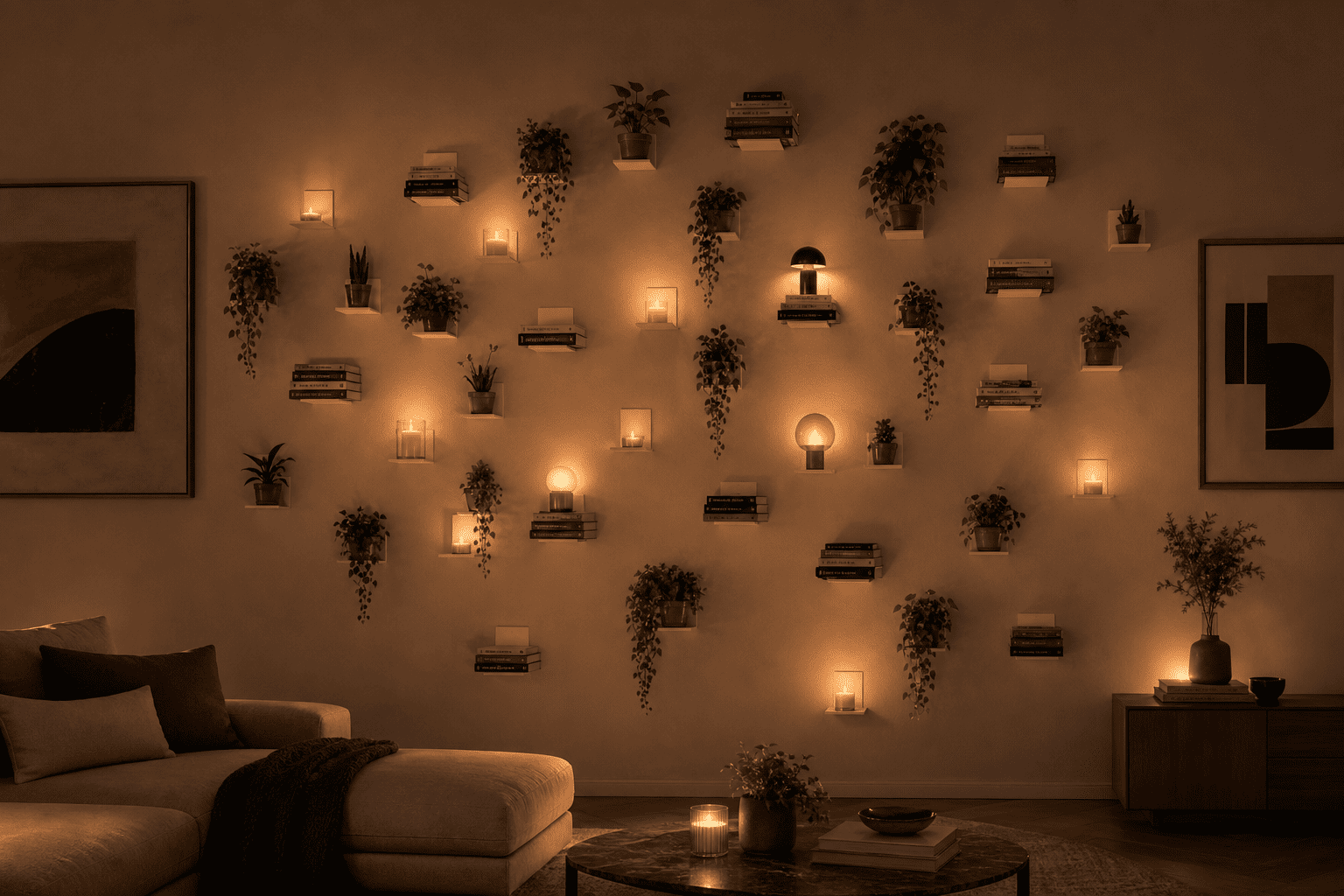 Étagères verticales combinées avec plantes suspendues et livres, créant une décoration murale naturelle et apaisante