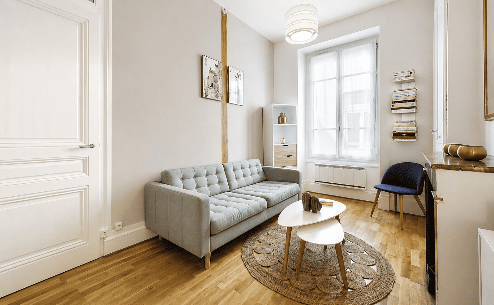 Étagère verticale design avec livres installée sur un mur derrière un fauteuil dans un salon lumineux et moderne
