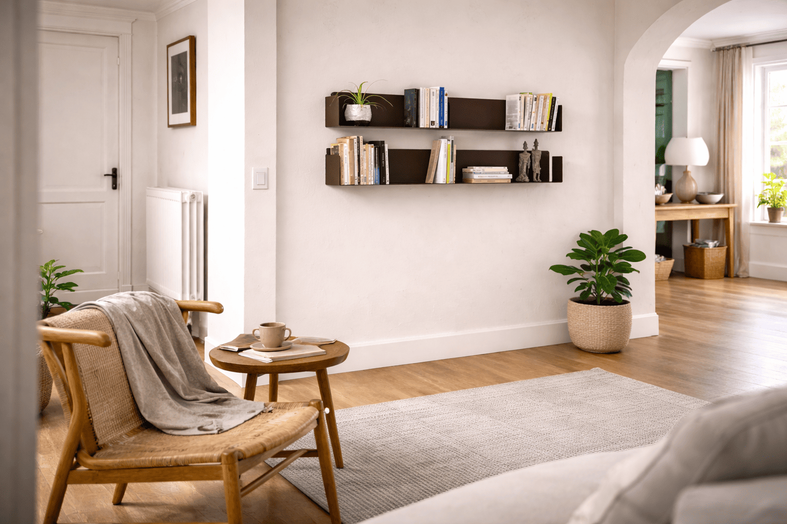Étagère murale pour livres intégrée dans un salon contemporain lumineux, avec rangement épuré et mise en valeur des livres sans surcharger l’espace.