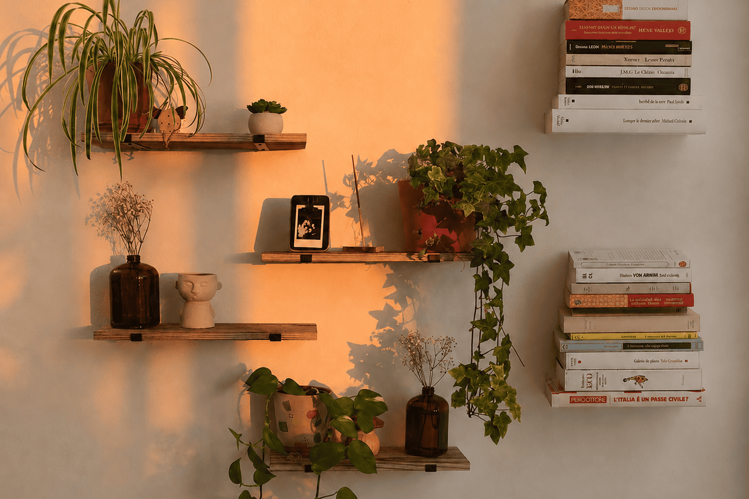 Mur beige baigné de lumière chaude avec étagères flottantes en bois, plantes vertes retombantes, vases décoratifs et piles de livres fixées au mur sans supports visibles.