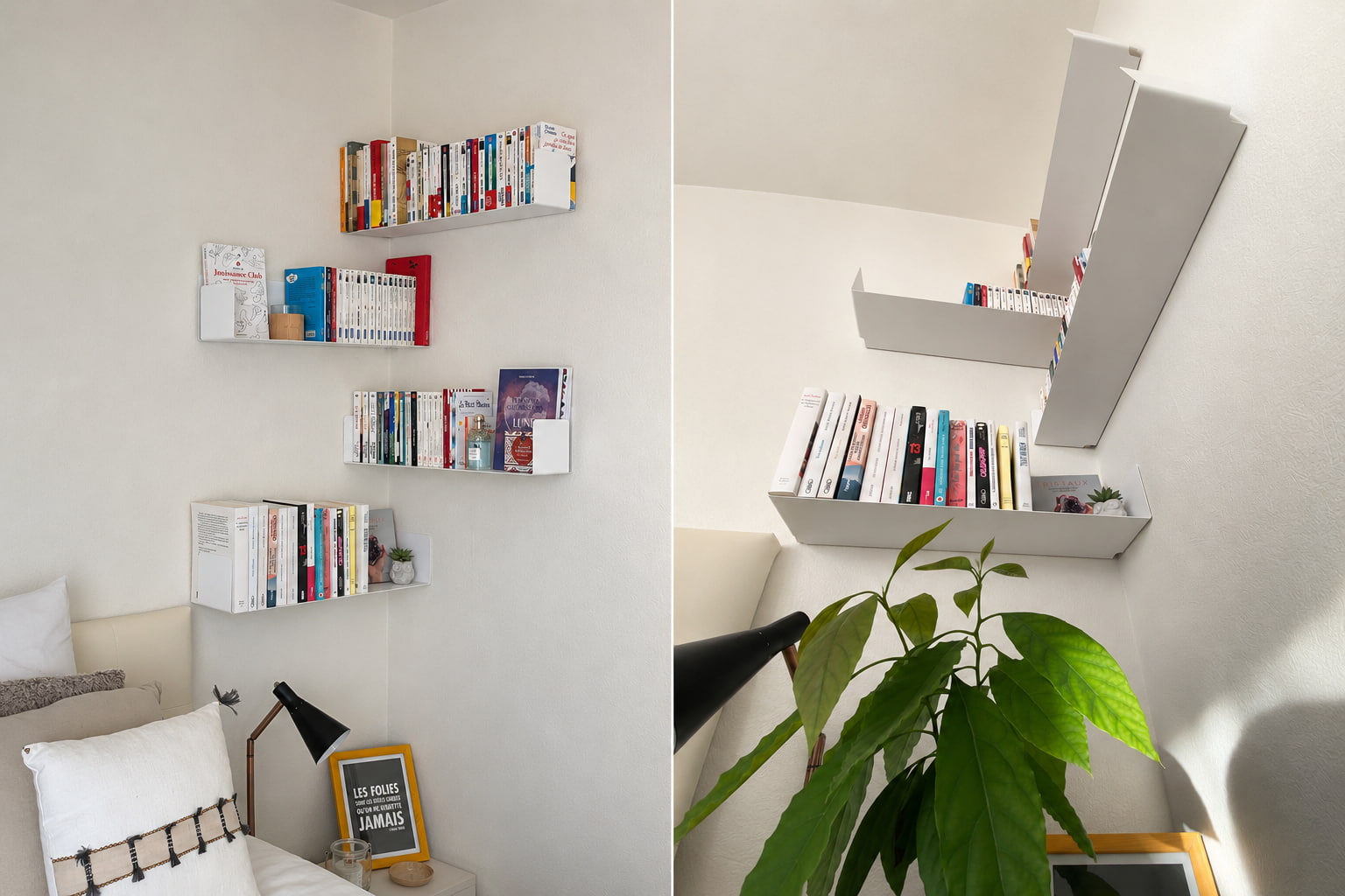 Petites étagères murales installées dans l’angle d’une chambre au-dessus d’une table de chevet