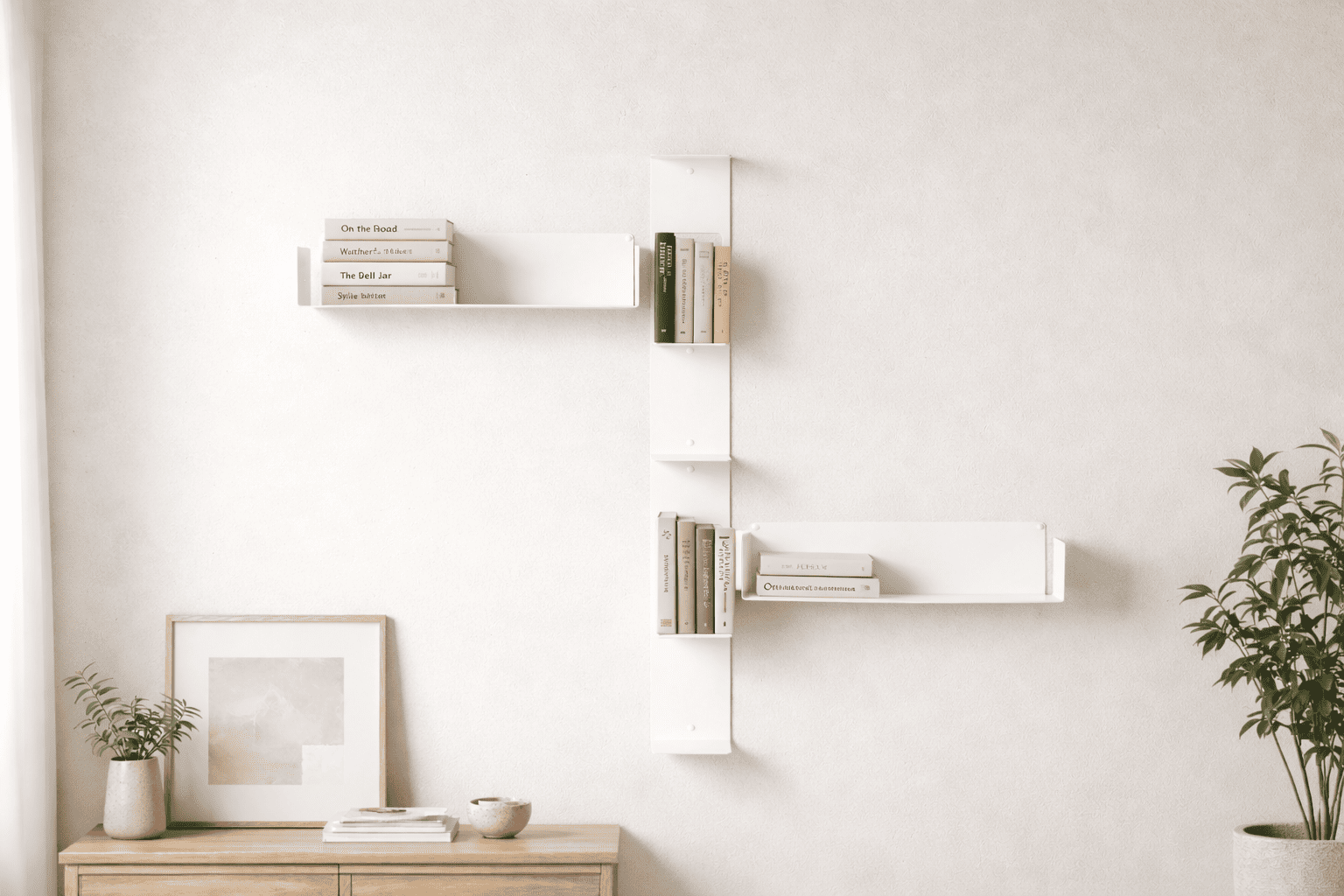 Étagères murales design en acier blanc, système modulable évolutive, installées dans un salon contemporain avec livres et décoration minimaliste.