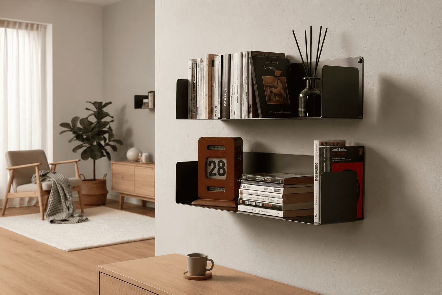 Étagères murales noires décorées avec livres, calendrier vintage et diffuseur pour une bibliothèque graphique et équilibrée